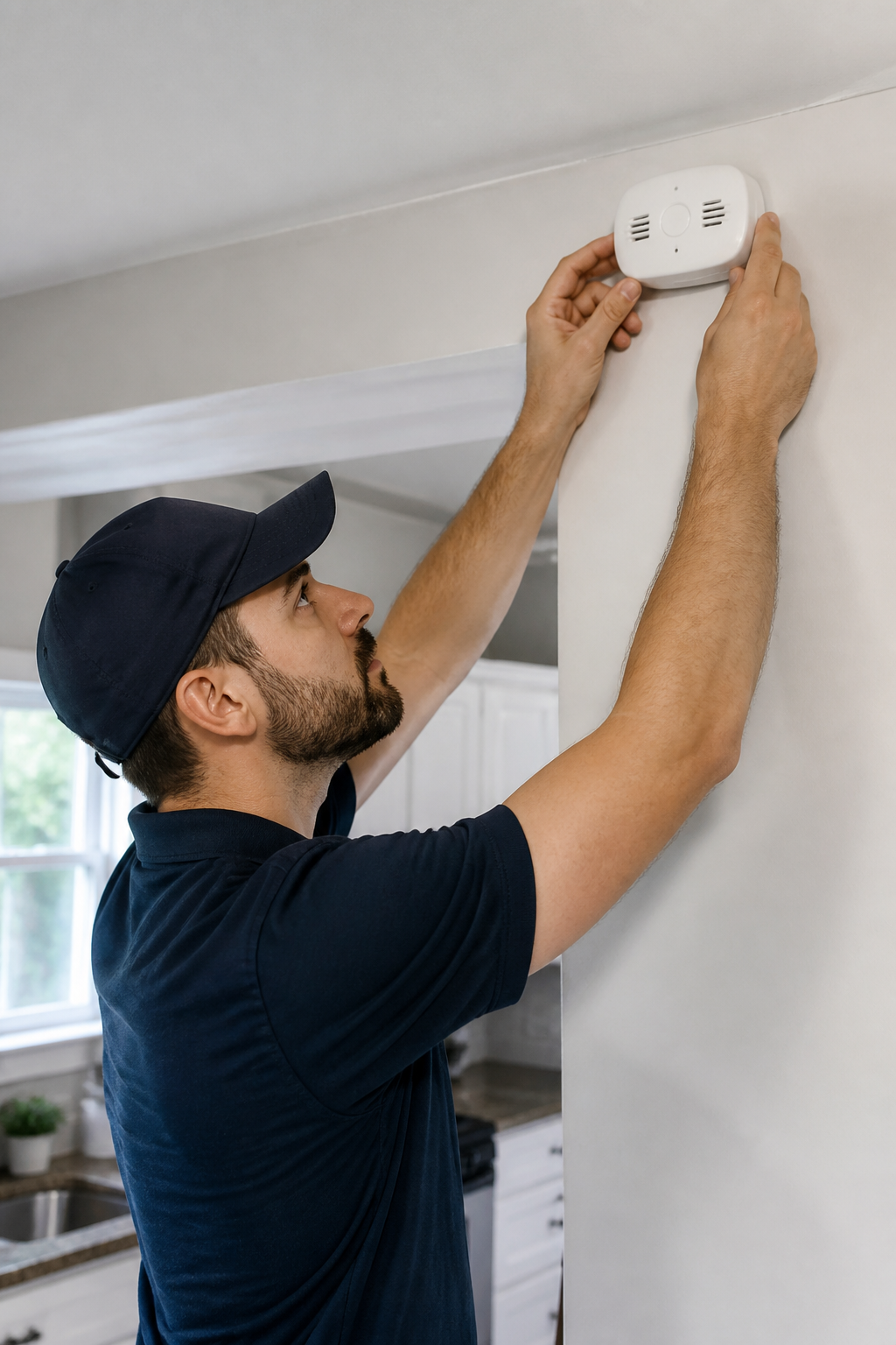 Painter masking and preparing cabinetry for cabinet painting