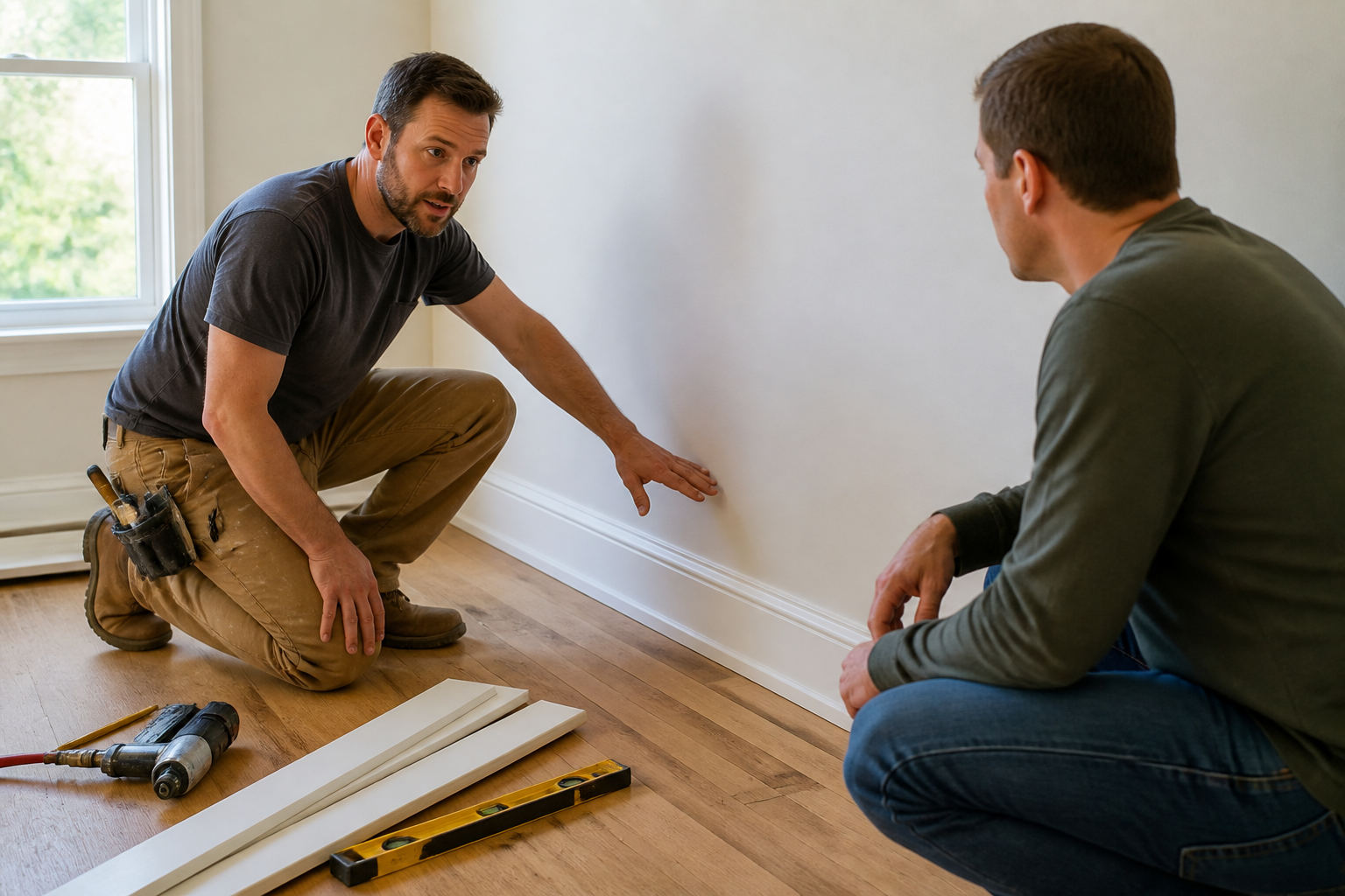 Painter reviewing a house painting estimate with a homeowner outside a Fairfield County home