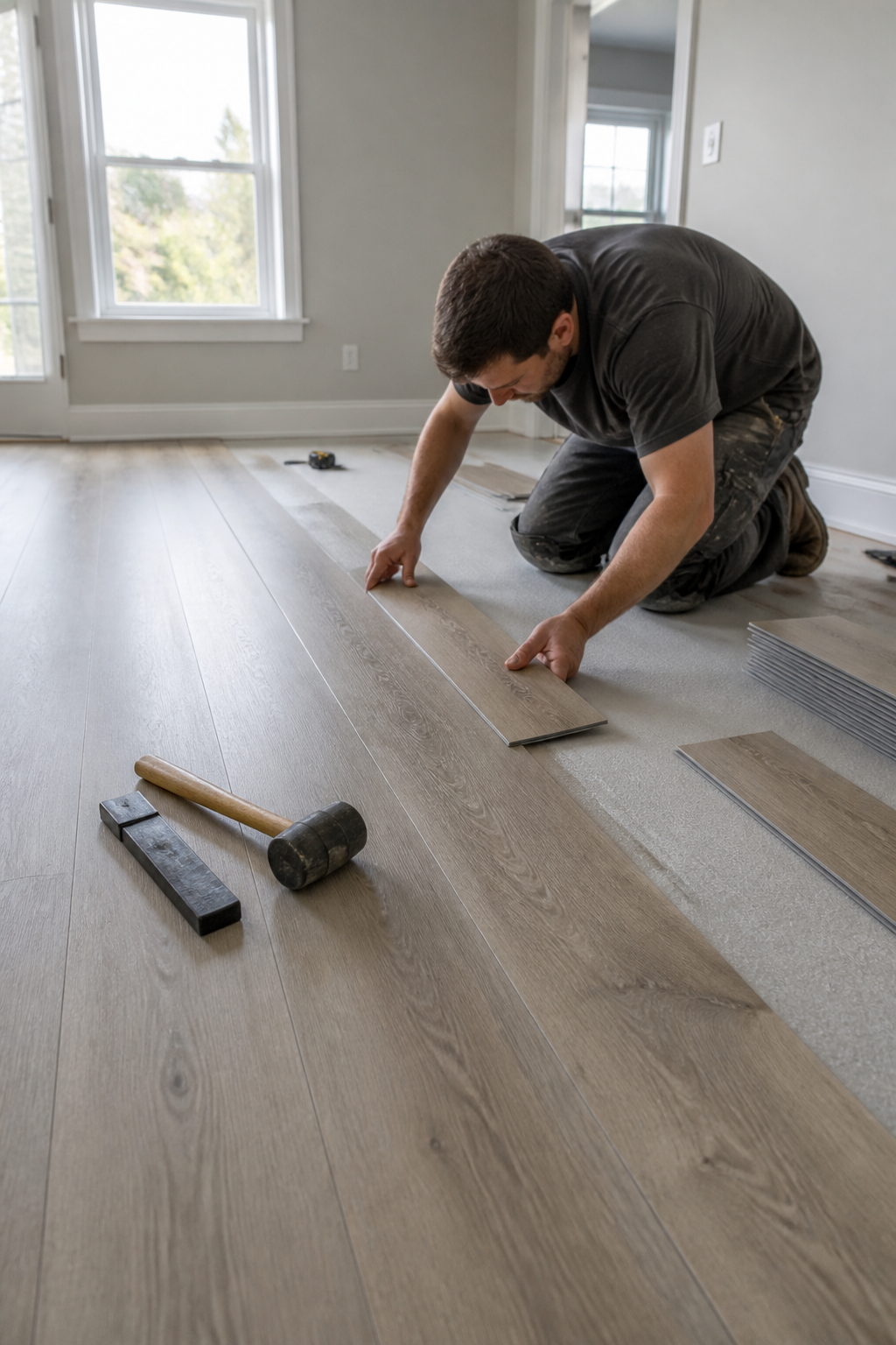Painter applying stain to a wood deck surface outdoors