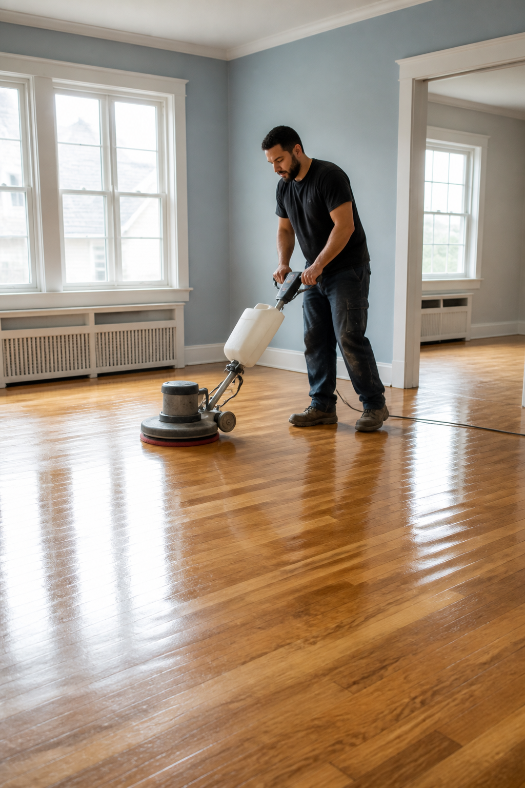 Installer applying epoxy coating on a garage or basement floor